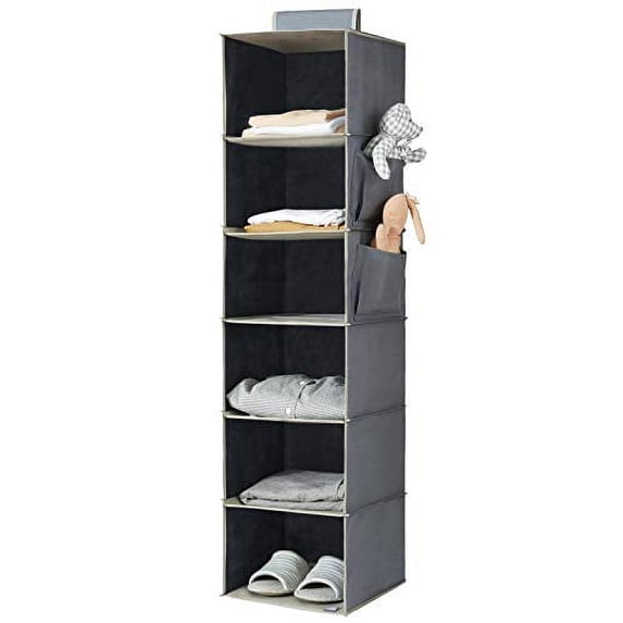 YOUDENOVA Hanging Closet Organizer, 6-Shelf Cloth Hanging Storage with Side Pockets,Grey