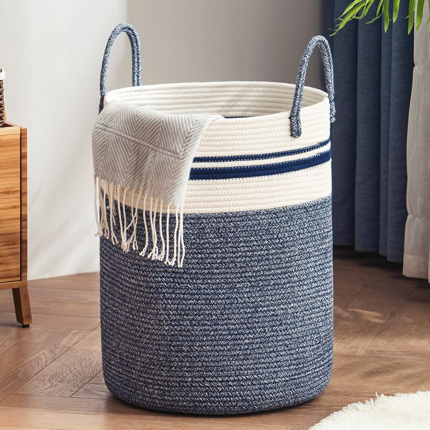 YOUDENOVA Laundry Hamper Basket, Woven 58L Tall Laundry Basket for Blanket Organizer- Nursery Hamper for Bedroom And Bathroom Storage