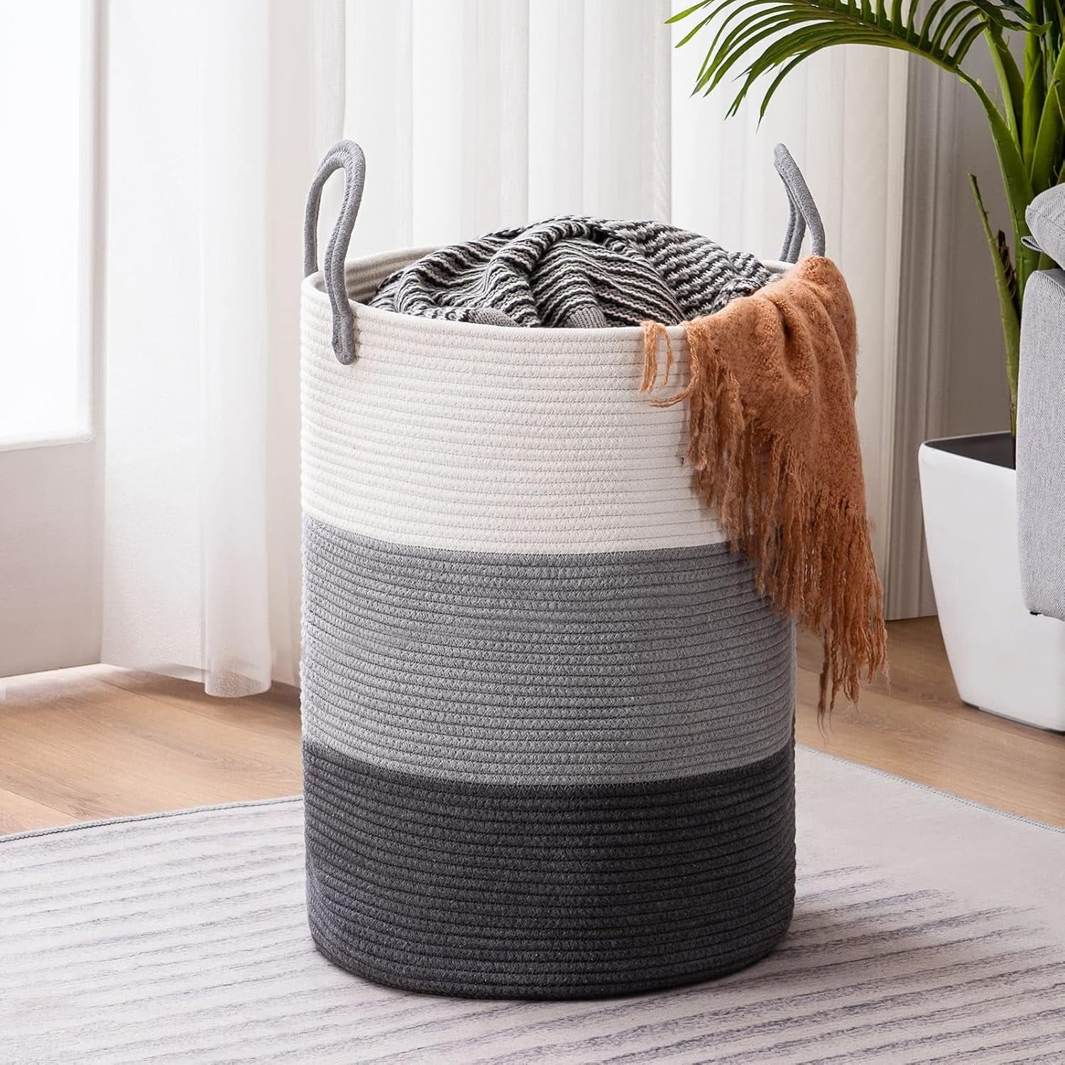 YOUDENOVA Laundry Hamper Basket, Woven 58L Tall Laundry Basket for Blanket Organizer- Nursery Hamper for Bedroom And Bathroom Storage