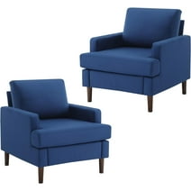 YOUDENOVA Modern Accent Chair Set of 2, Mid-Century Living Room Chair Linen Armchair with Wood Legs, Upholstered Cushion Small Sofa Chair Lounge Chair for Bedroom, Blue