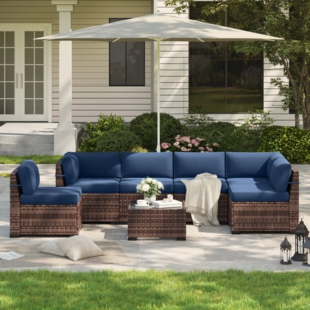 YOUDENOVA Patio Furniture Set, Outdoor Sectional Sofa Set with Waterproof Cover, PE Wicker Rattan Slanted Back Outdoor Conversation Set with Cushions and Glass Coffee Table