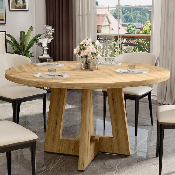 YOUDENOVA Round Dining Table for 4, 47 Inches Dining Room Table with Wooden Pedestal Base, Circle Kitchen Dinner Tables for Dining Room Kitchen, Natural