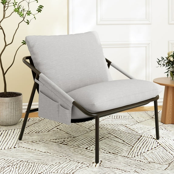 YOUDENOVA Sling Accent Chair, Modern Comfy Metal Framed Armchair with Side Pockets, Mid-Century Lounge Chair for Living Room Bedroom Reception Room - Grey