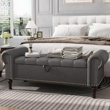 YOUDENOVA Storage Ottoman Bench for Bedroom 51" Queen Leather Storage Bench with Button, Upholstered Bedroom Bench with Rolled Arms for Living Room, Storage Room, Entryway, Gray