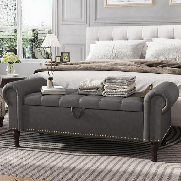 YOUDENOVA Storage Ottoman Bench for Bedroom 51" Queen Leather Storage Bench with Button, Upholstered Bedroom Bench with Rolled Arms for Living Room, Storage Room, Entryway, Gray