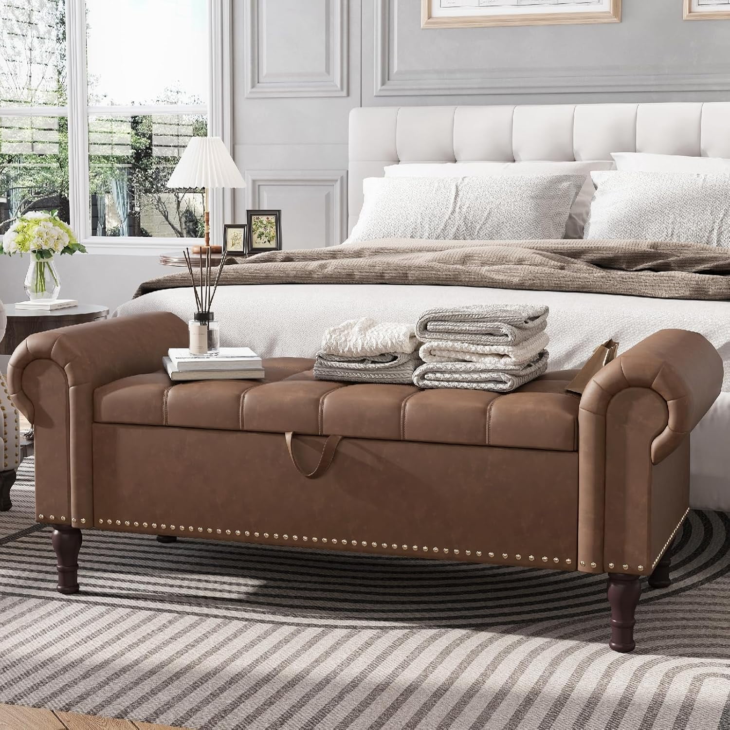 YOUDENOVA Storage Ottoman Bench for Bedroom 51" Queen Leather Storage Bench with Button, Upholstered Bedroom Bench with Rolled Arms for Living Room, Storage Room, Entryway, Brown