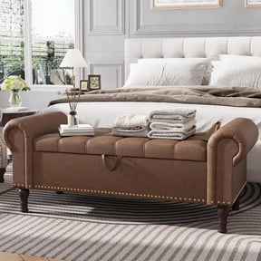 YOUDENOVA Storage Ottoman Bench for Bedroom 51" Queen Leather Storage Bench with Button, Upholstered Bedroom Bench with Rolled Arms for Living Room, Storage Room, Entryway, Brown