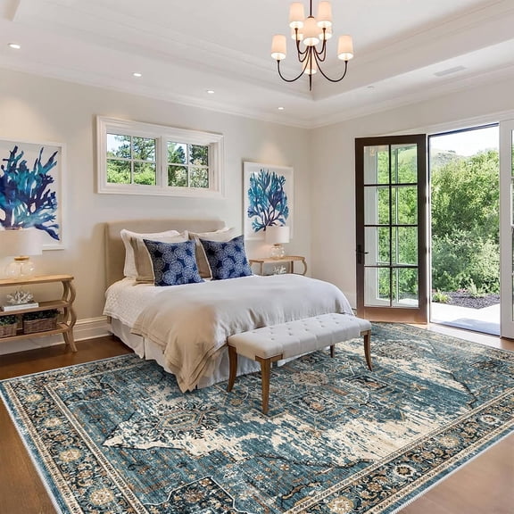 YOUFORTONG 10x12 Vintage Washable Area Rug,Large Stain Resistant Carpet with Non Slip Backing for Living Room Bedroom Home Decor,Blue