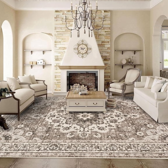 YOUFORTONG 10x12 Washable Oriental Area Rug, Soft Floral Distressed Carpet, Waterproof Stain Resistant Non-Shedding for Living Room Bedroom,Beige
