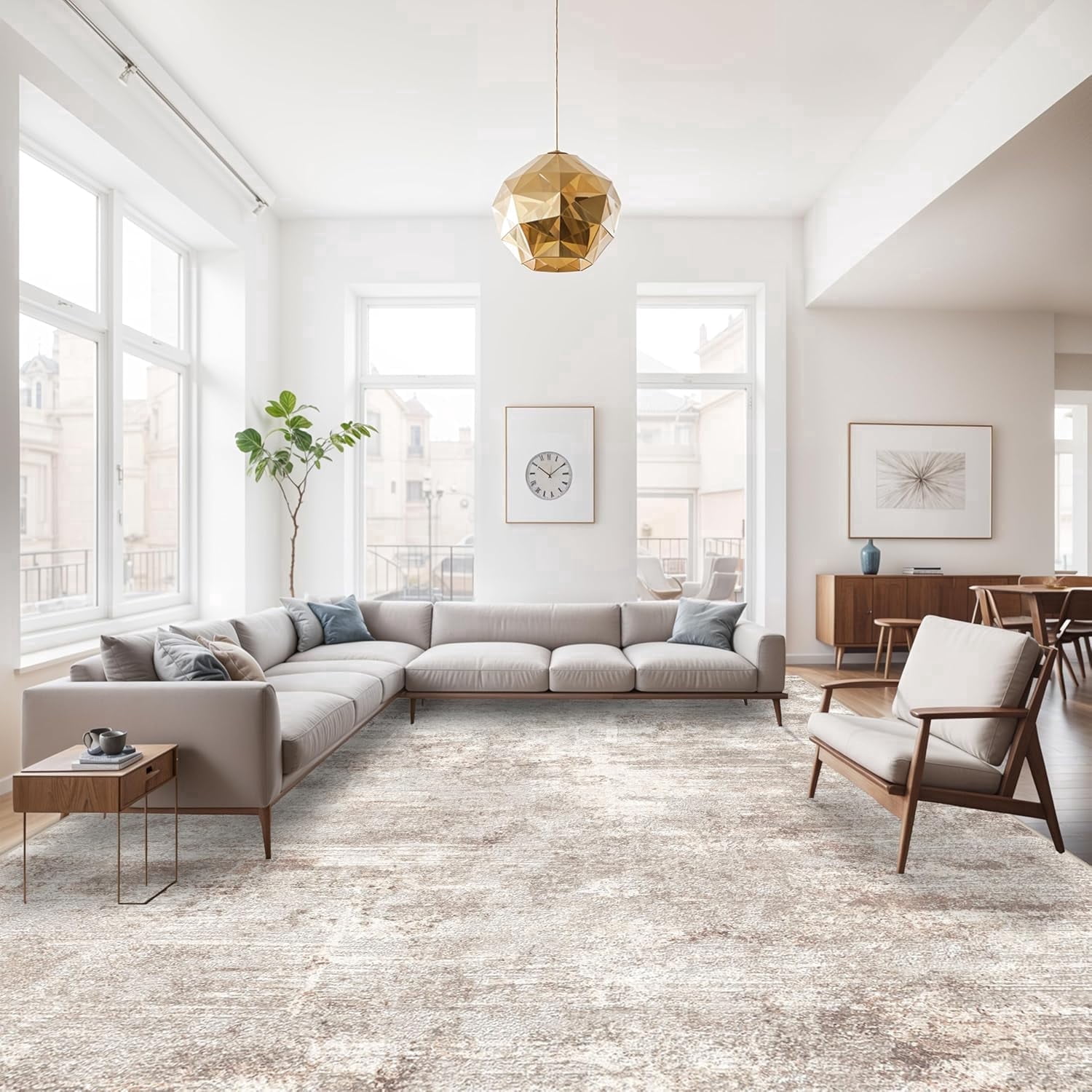 YOUFORTONG 10x14 Abstract Area Rug, Large Washable Indoor Rug, Non-Slip Stain Resistant Distressed Soft Carpet for Living Room Bedroom Farmhouse,Brown