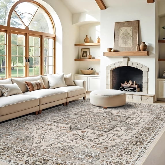 YOUFORTONG 10x14 Vintage Washable Area Rug, Large Stain Resistant Carpet with Non Slip Backing for Living Room Bedroom Home Decor,Ivory