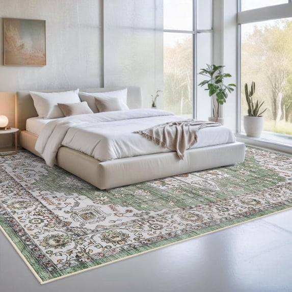 YOUFORTONG 10x14 Vintage Washable Area Rug, Large Stain Resistant Carpet with Non Slip Backing for Living Room Bedroom Home Decor,Sage Green