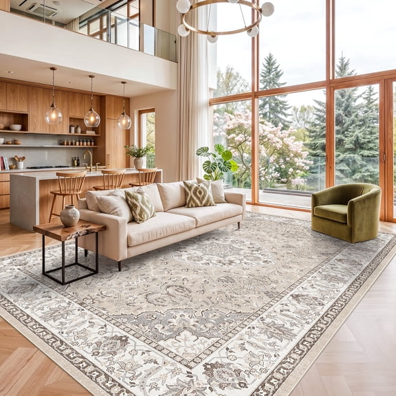 YOUFORTONG 10x14 Washable Area Rug for Living Room,Stain Resistant Washable Rugs with Non-Slip Backing,Vintage Low Pile Indoor Carpet for Bedroom Dining Room Office,Beige 