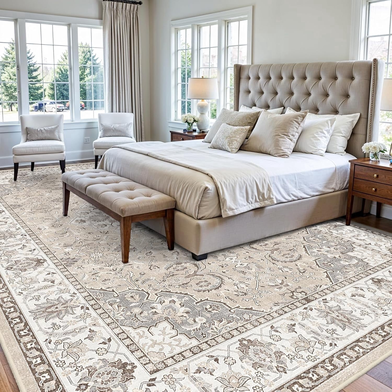 YOUFORTONG 10x14 Washable Vintage Area Rug, Large Low Pile Indoor Carpet for Living Room Bedroom, Soft Stain & Water Resistant, Non-Slip Backing Pet Friendly Home Decor Rug, Beige