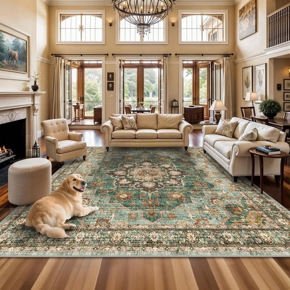YOUFORTONG 12x12 Square Washable Oriental Area Rug,Distressed Floral Soft Carpet, Waterproof Stain Resistant Non-Shedding Large Rug for Living Room Bedroom,Green