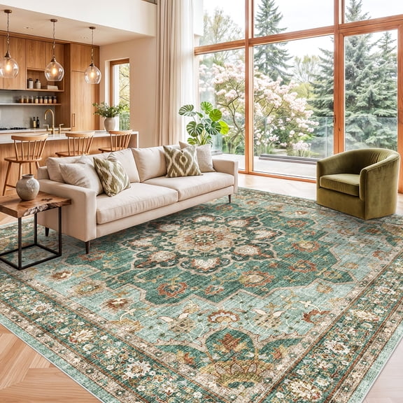 YOUFORTONG 12x12 Square Washable Oriental Area Rug,Distressed Floral Soft Carpet, Waterproof Stain Resistant Non-Shedding Large Rug for Living Room Bedroom,Green