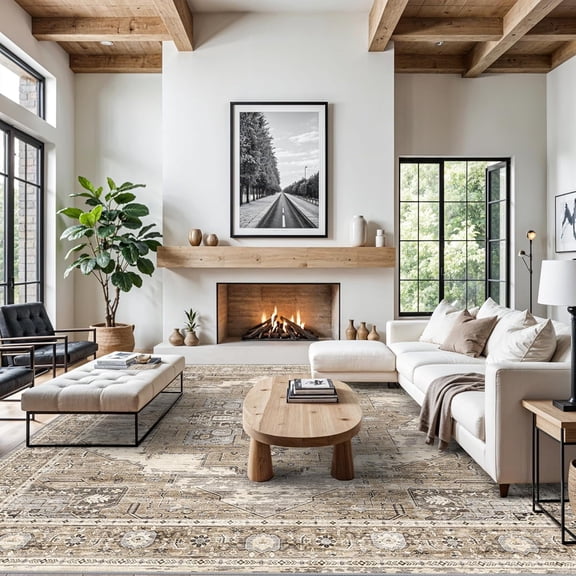 YOUFORTONG 12x12 Washable Area Rug,Extra Large Vintage Indoor Carpet with Non Slip Backing,Stain Resistant Soft Rug for Bedroom Dining Room Living Room Home Decor,Beige