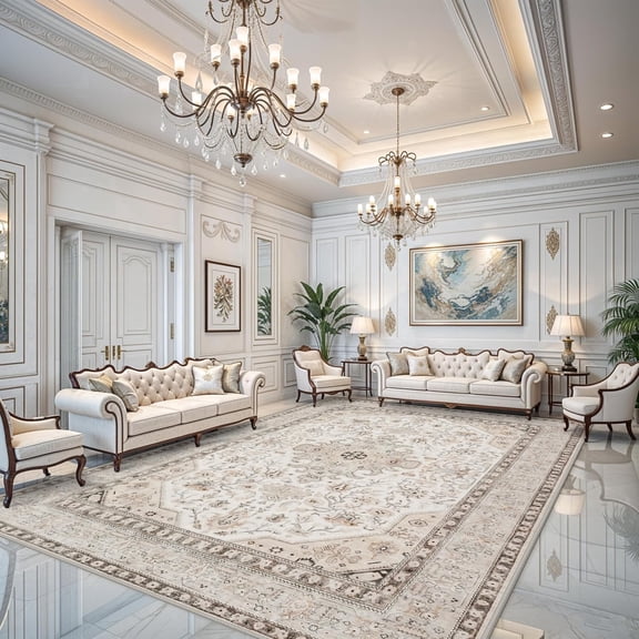 YOUFORTONG 12x15 Extra Large Living Room Area Rug,Oriental Soft Rug,Non-Slip Thin Stain Resistant Indoor Carpet,Ivory