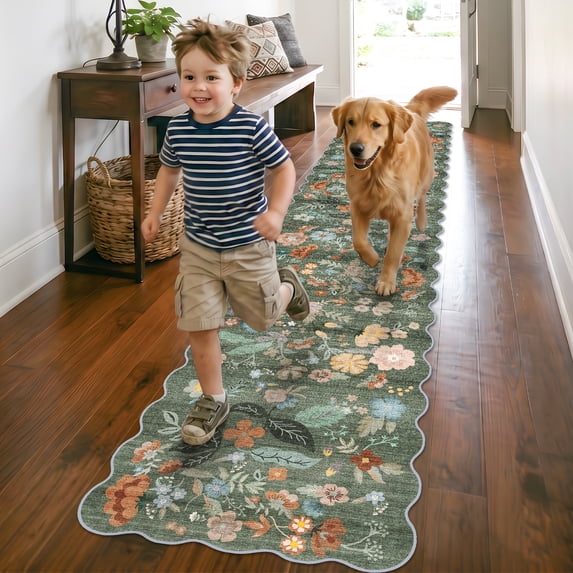 YOUFORTONG 2'6"x12' Washable Floral Scalloped Hallway Runner Rug, Non Slip Soft Thin Floor Mat for Farmhouse Kitchen Entryway Bathroom Bedroom Laundry Living Room,Green
