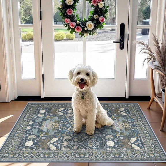 YOUFORTONG 2'x3' Washable Entryway Rug, Non-Slip Stain Resistant Floor Mat for Entryway Kitchen Bedroom, Pet Friendly Shed-Free High Traffic Carpet,Floral Blue