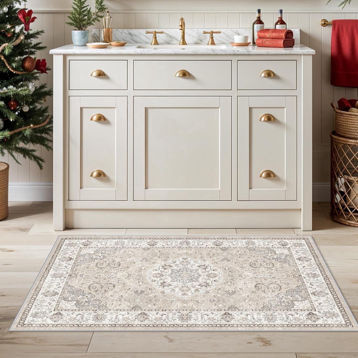 YOUFORTONG 2'x4' Washable Vintage Area Rug, Water Resistant Non-Slip Low Pile Floor Mat for Entryway Kitchen Living Room Bedroom, Durable Indoor Doormat, Beige