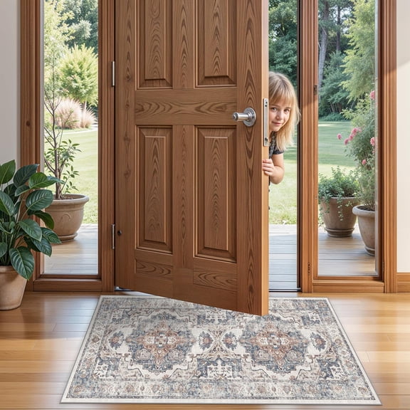 YOUFORTONG 2'x4' Washable Vintage Area Rug, Water Resistant Non-Slip Low Pile Floor Mat for Entryway Kitchen Living Room Bedroom, Durable Indoor Doormat,Brick