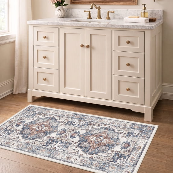 YOUFORTONG 2'x4' Washable Vintage Area Rug, Water Resistant Non-Slip Low Pile Floor Mat for Entryway Kitchen Living Room Bedroom, Durable Indoor Doormat,Brick