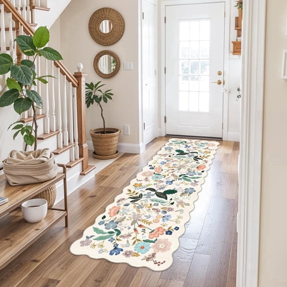 YOUFORTONG 2'x5' Floral Hallway Runner Rug,Washable Low-Pile Non Slip Carpet for Entryway Kitchen Living Room Bedroom Farmhouse Home Decor,Cream