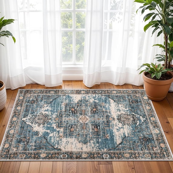 YOUFORTONG 2x3 Indoor Area Rug,Boho Vintage Tribal Carpet with Non Slip Backing,Stain Resistant Small Rug for Living Room Bedroom Kitchen Bathroom Home Decor Floor Mat,Blue