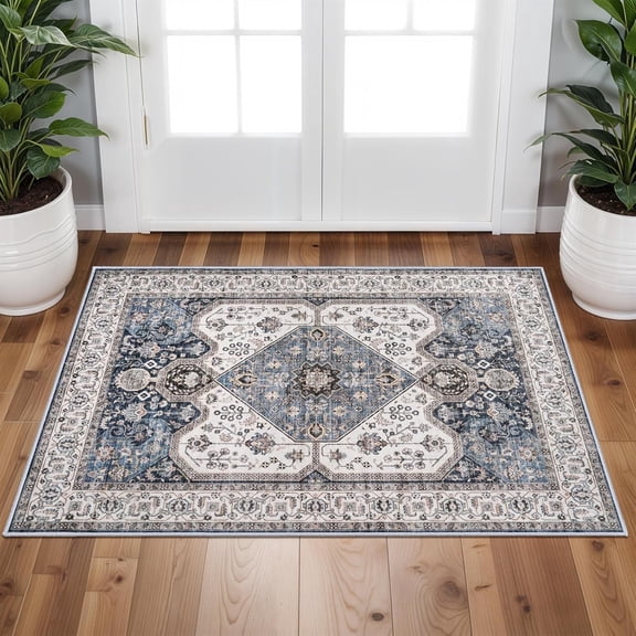 YOUFORTONG 2x3 Indoor Area Rug,Boho Vintage Tribal Carpet with Non Slip Backing,Stain Resistant Small Rug for Living Room Bedroom Kitchen Bathroom Home Decor Floor Mat,Navy Blue