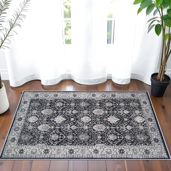 YOUFORTONG 2x3 Vintage Indoor Area Rug, Neutral Washable Non-Slip Farmhouse Rug,Soft Low-Pile Carpet for Entryway Kitchen Living Room Bedroom,Black
