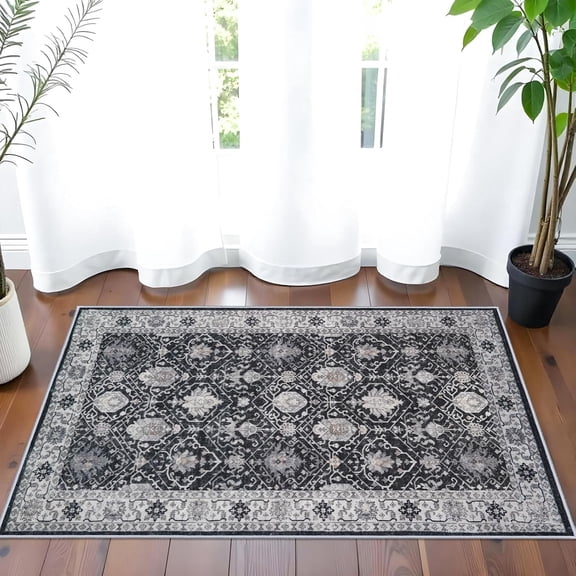 YOUFORTONG 2x3 Vintage Indoor Area Rug, Neutral Washable Non-Slip Farmhouse Rug,Soft Low-Pile Carpet for Entryway Kitchen Living Room Bedroom,Black