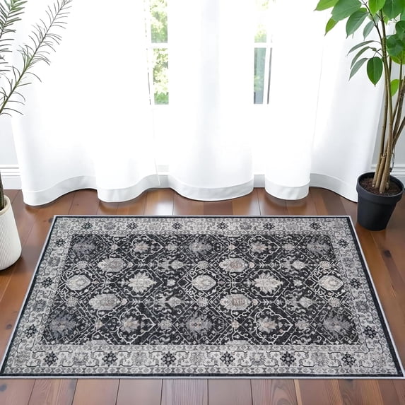 YOUFORTONG 2x3 Vintage Indoor Area Rug, Neutral Washable Non-Slip Farmhouse Rug,Soft Low-Pile Carpet for Entryway Kitchen Living Room Bedroom,Black