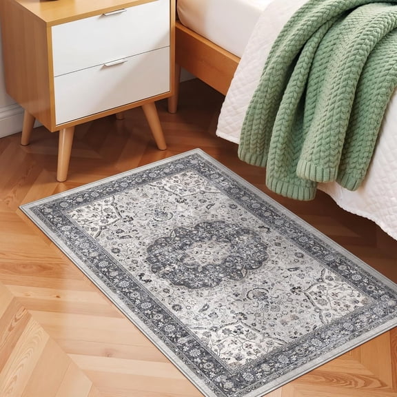 YOUFORTONG 2x3 Vintage Indoor Area Rug, Neutral Washable Non-Slip Farmhouse Rug,Soft Low-Pile Carpet for Entryway Kitchen Living Room Bedroom,Grey