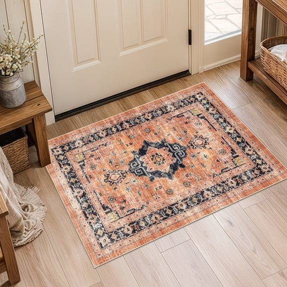 YOUFORTONG 2x3 Vintage Indoor Area Rug, Neutral Washable Non-Slip Farmhouse Rug,Soft Low-Pile Carpet for Entryway Kitchen Living Room Bedroom,Orange