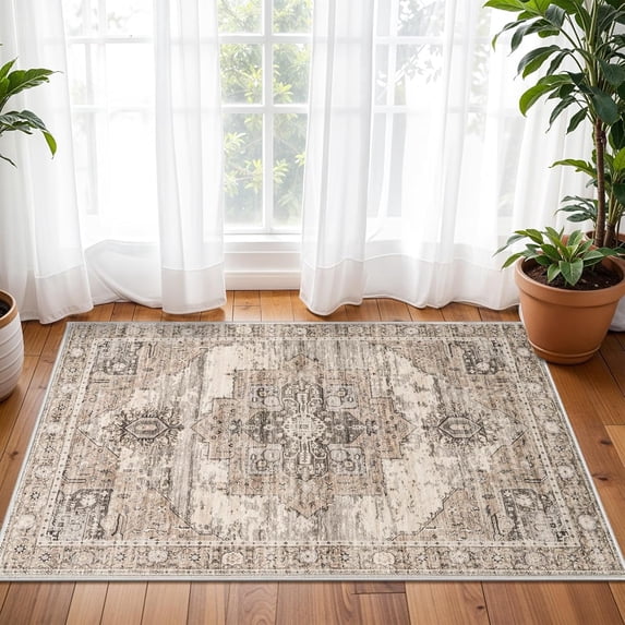 YOUFORTONG 2x3 Washable Entryway Rug,Vintage Non-Slip Small Indoor Door Mat with Rubber Backing, Farmhouse Decor Throw Rug for Bathroom Kitchen,Beige