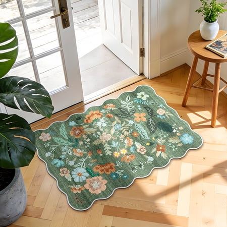 YOUFORTONG 2x3 Washable Floral Area Rug,Non Slip Soft Thin Carpet for Entryway Bedroom Nursery Farmhouse Dorms,Green