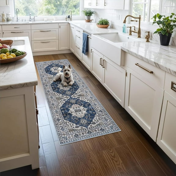 YOUFORTONG 2x5 Washable Hallway Runner, Oriental Farmhouse Non-Slip Ultra Soft Rug,Stain Resistant Carpet for Entryway Kitchen Living Room Bedroom,Blue