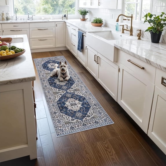 YOUFORTONG 2x5 Washable Hallway Runner, Oriental Farmhouse Non-Slip Ultra Soft Rug,Stain Resistant Carpet for Entryway Kitchen Living Room Bedroom,Blue