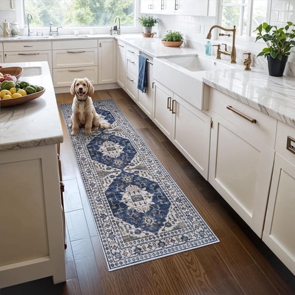 YOUFORTONG 2x6 Washable Hallway Runner, Oriental Farmhouse Non-Slip Ultra Soft Rug,Stain Resistant Carpet for Entryway Kitchen Living Room Bedroom,Blue