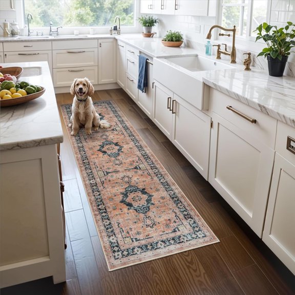 YOUFORTONG 2x6 Washable Hallway Runner, Oriental Farmhouse Non-Slip Ultra Soft Rug,Stain Resistant Carpet for Entryway Kitchen Living Room Bedroom,Orange