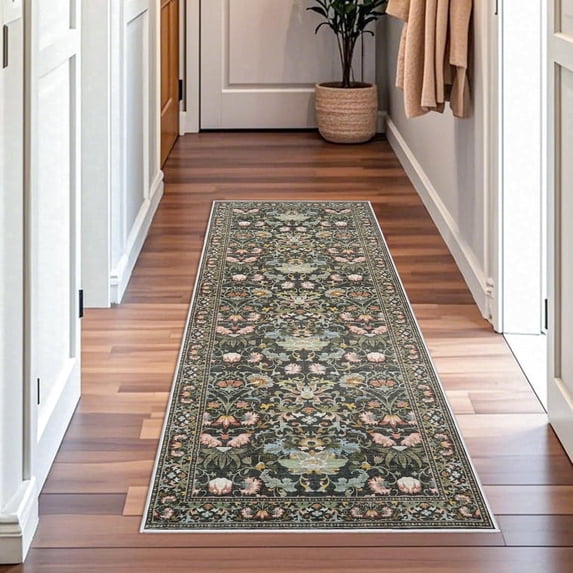 YOUFORTONG 2x6 Washable Hallway Runner Rug, Oriental Floral Stain Resistant Indoor Rug, Soft Non Slip Backing Floor Mat for Entryway Kitchen Farmhouse Bathroom Bedroom Laundry Room,Green