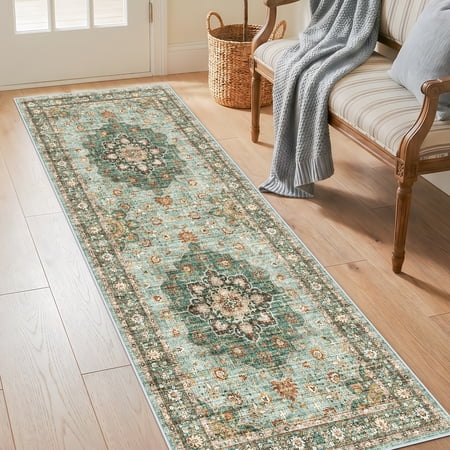 YOUFORTONG 2x6 Washable Oriental Hallway Runner Rug,Distressed Floral Soft Carpet, Waterproof Stain Resistant Non-Shedding for Kitchen Bedroom Livingroom,Green