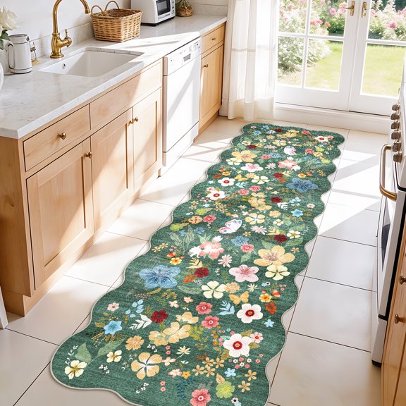 YOUFORTONG 2x6 Washable Runner Rug, Non Slip Floral Vintage Scalloped Low Pile Carpet, Stain Resistant Soft Thin Rug for Entryway Kitchen Laundry Bedroom Bathroom,Green