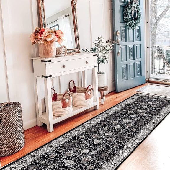YOUFORTONG 2x7 Washable Hallway Runner, Oriental Farmhouse Non-Slip Ultra Soft Rug,Stain Resistant Carpet for Entryway Kitchen Living Room Bedroom,Black