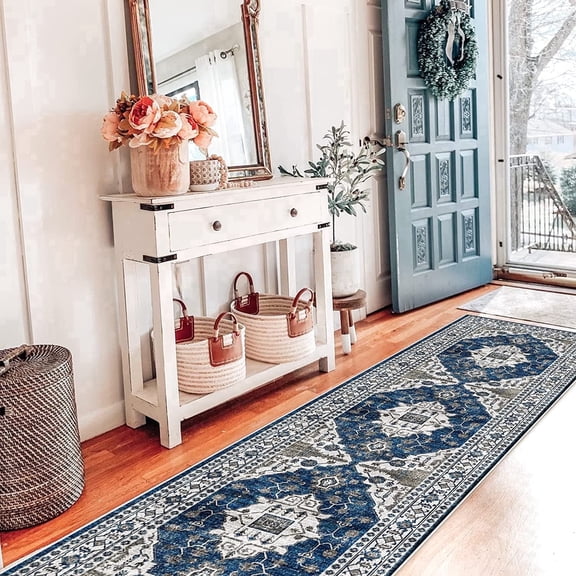 YOUFORTONG 2x7 Washable Hallway Runner, Oriental Farmhouse Non-Slip Ultra Soft Rug,Stain Resistant Carpet for Entryway Kitchen Living Room Bedroom,Blue