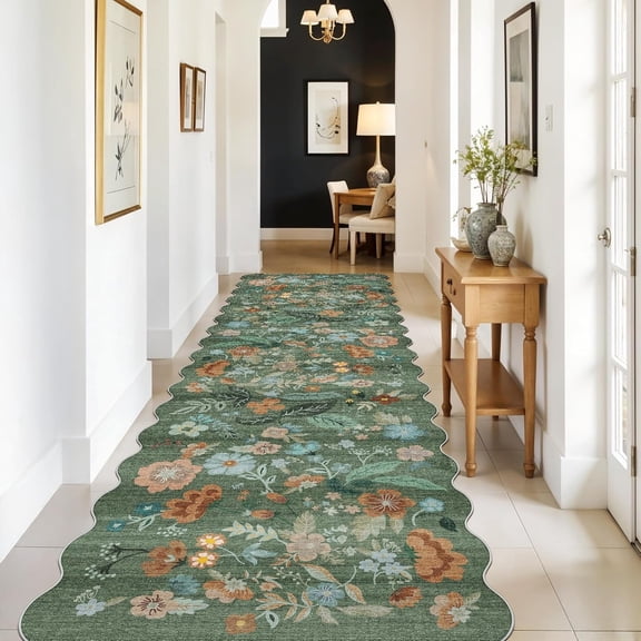 YOUFORTONG 3'x10' Floral Long Hallway Runner Rug,Washable Low-Pile Non Slip Carpet for Entryway Kitchen Living Room Bedroom Nursery Farmhouse Home Decor,Green