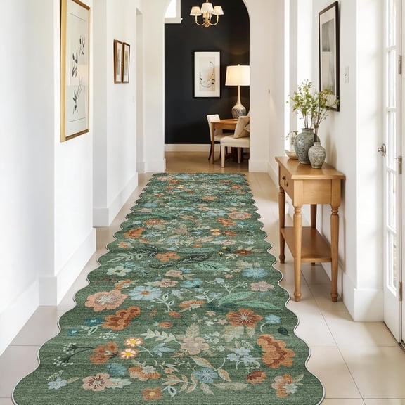 YOUFORTONG 3'x10' Floral Long Hallway Runner Rug,Washable Low-Pile Non Slip Carpet for Entryway Kitchen Living Room Bedroom Nursery Farmhouse Home Decor,Green