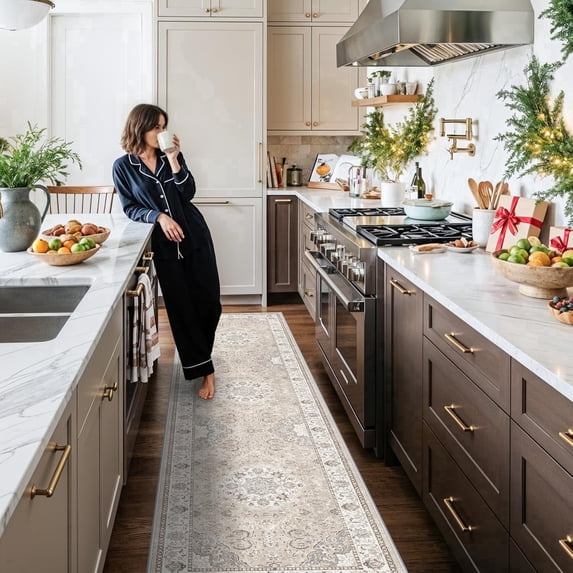 YOUFORTONG 3'x10' Washable Non Slip Runner Rug, Vintage Farmhouse Hallway Kitchen Entryway Mat for Bathroom Living Room Bedroom,Beige