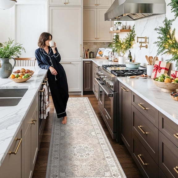 YOUFORTONG 3'x10' Washable Non Slip Runner Rug, Vintage Farmhouse Hallway Kitchen Entryway Mat for Bathroom Living Room Bedroom,Beige